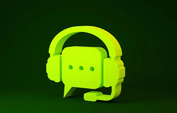 緑色の背景に分離音声バブルアイコンを持つ黄色のヘッドフォン。カスタマーサービス、ホットライン、コールセンター、ガイドライン、メンテナンスをサポートします。最小限の概念。3Dイラスト3Dレンダリング — ストック写真