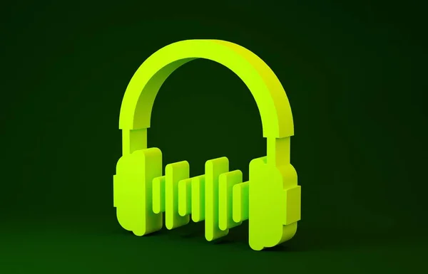 Gelber Kopfhörer und Schallwellen-Symbol isoliert auf grünem Hintergrund. Konzeptobjekt zum Hören von Musik, Service, Kommunikation und Bedienung. Minimalismus-Konzept. 3D Illustration 3D Renderer — Stockfoto