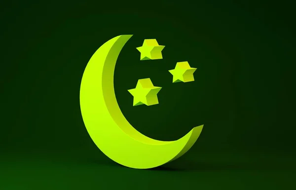 Žlutý měsíc a ikona hvězdy izolované na zeleném pozadí. Minimalismus. 3D ilustrace 3D vykreslení — Stock fotografie