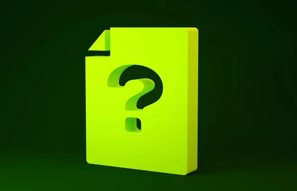 Yellow Unknown document icon isolated on green background. File with Question mark. Hold report, service and global search sign. Minimalism concept. 3d illustration 3D render — 스톡 사진