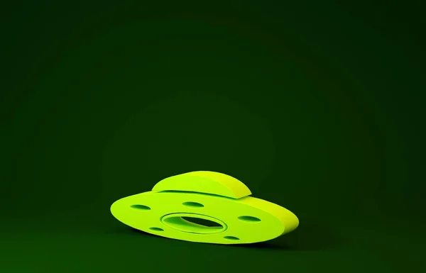 Κίτρινη Ufo ιπτάμενο διαστημόπλοιο εικονίδιο απομονώνονται σε πράσινο φόντο. Ιπτάμενος δίσκος. Εξωγήινο διαστημόπλοιο. Φουτουριστικό άγνωστο ιπτάμενο αντικείμενο. Μινιμαλιστική έννοια. 3D απεικόνιση 3d καθιστούν — Φωτογραφία Αρχείου