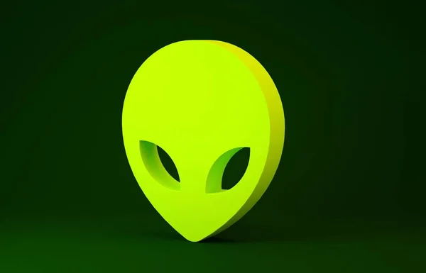 Gul Alien ikon isolerad på grön bakgrund. Utomjordisk främmande ansikte eller huvud symbol. Minimalistiskt koncept. 3D-illustration 3D-återgivning — Stockfoto