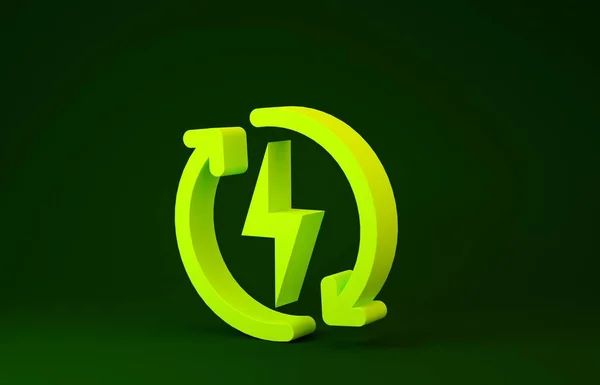 Icono de recarga amarilla aislado sobre fondo verde. Señal de energía eléctrica. Concepto minimalista. 3D ilustración 3D render — Foto de Stock