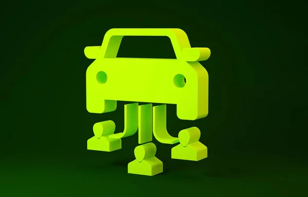 Gul bil dela med grupp människor ikon isolerad på grön bakgrund. Samlingsskylt. Transport hyra service koncept. Minimalistiskt koncept. 3D-illustration 3D-återgivning — Stockfoto
