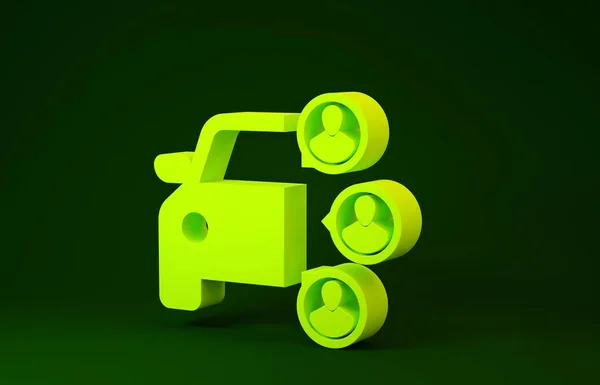 Yellow Car sharing with group of people icon isolated on green background. Carsharing sign. Transport renting service concept. Minimalism concept. 3d illustration 3D render — 스톡 사진