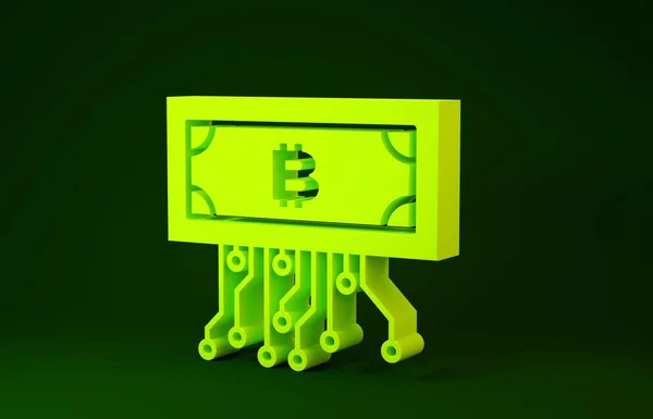 Criptomoeda amarela bitcoin em círculo com ícone de circuito de microchip isolado no fundo verde. Tecnologia Blockchain, mercado monetário digital. Conceito de minimalismo. 3D ilustração 3D render — Fotografia de Stock