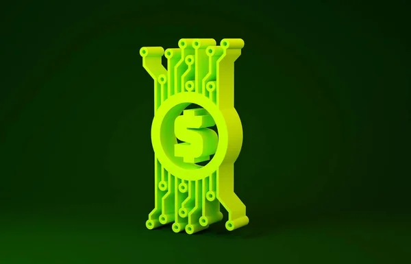 黄色密码货币比特币圆形与微晶电路图标隔离在绿色背景。 锁链技术，数字货币市场。 最低纲领的概念。 3d说明3d — 图库照片