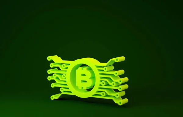 Yellow Cryptocurrency bitcoin in circle with microchip circuit icon isolated on green background. Blockchain technology, digital money market. Minimalism concept. 3d illustration 3D render — 스톡 사진