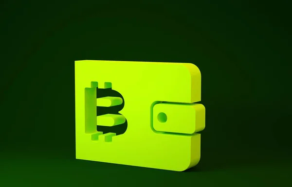 Icono amarillo de la billetera criptomoneda aislado sobre fondo verde. Cartera y bitcoin signo. Concepto minero. Dinero, pago, efectivo, icono de pago. Concepto minimalista. 3D ilustración 3D render —  Fotos de Stock