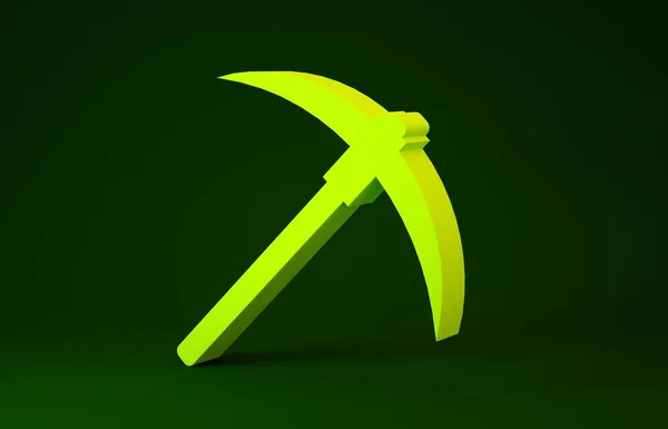 Yellow Pickaxe icon isolated on green background. Blockchain technology, cryptocurrency mining, bitcoin, digital money market, cryptocoin wallet. Minimalism concept. 3d illustration 3D render — 스톡 사진