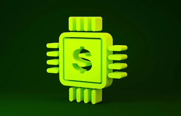 Puce processeur jaune avec icône dollar isolé sur fond vert. CPU et un signe dollar. Concept de minimalisme. Illustration 3D rendu 3D — Photo