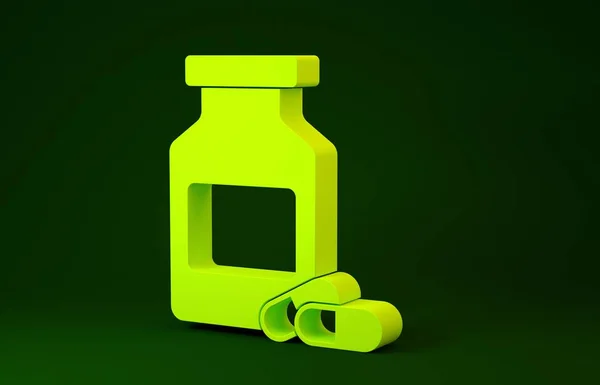 Yellow Medicine fles en pillen pictogram geïsoleerd op groene achtergrond. Flessenpil teken. Farmaceutisch ontwerp. Minimalisme concept. 3d illustratie 3D renderen — Stockfoto