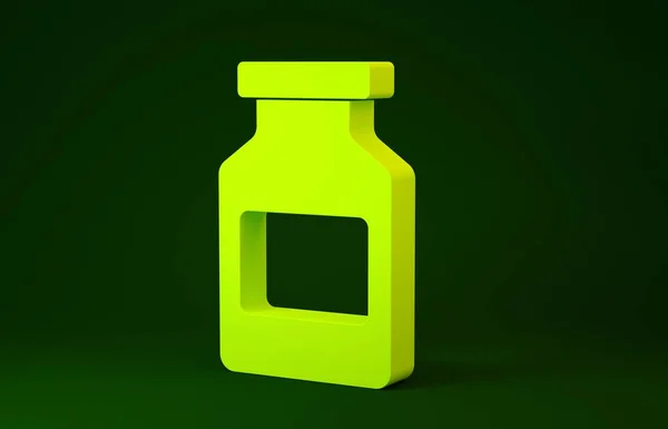Ícone de garrafa de medicina amarela isolado no fundo verde. Sinal de pílula de garrafa. Design de farmácia. Conceito de minimalismo. 3D ilustração 3D render — Fotografia de Stock