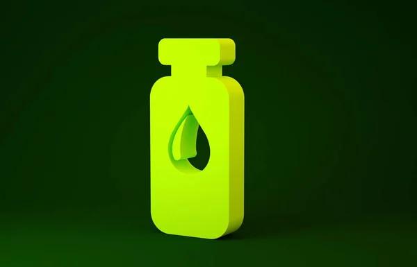 Желтый медицинский флакон, ампула, значок бутылки изолированы на зеленом фоне. Вакцинация, инъекции, концепция вакцинации. Концепция минимализма. 3D-рендеринг — стоковое фото