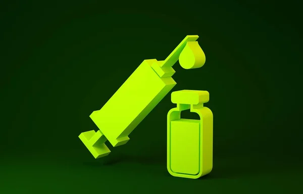 Yellow Medical syringe with needle and vial or ampoule icon isolated on green background. Vaccination, injection, vaccine, insulin concept. Minimalism concept. 3d illustration 3D render — Stock Photo, Image