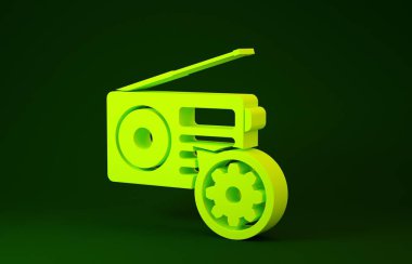 Yeşil arka planda anten ve dişli ikonuna sahip sarı radyo. Uygulama, servis konsepti, ayar seçenekleri, bakım, onarım, onarım. Minimalizm kavramı. 3d illüstrasyon 3d canlandırma