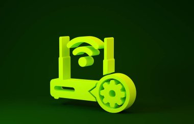 Sarı Yönlendirici ve kablosuz ağ sinyali ve vites simgesi yeşil arka planda izole edildi. Uygulama, servis konsepti, ayar seçenekleri, bakım, onarım, onarım. Minimalizm kavramı. 3d illüstrasyon 3d canlandırma