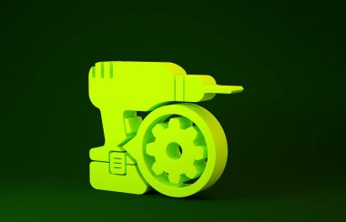 Sarı sondaj makinesi ve dişli ikonu yeşil arka planda izole edildi. Uygulama, servis konsepti, ayar seçenekleri, bakım, onarım, onarım. Minimalizm kavramı. 3d illüstrasyon 3d canlandırma