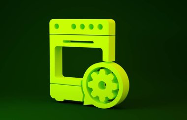 Yeşil arka planda sarı fırın ve vites simgesi izole edildi. Uygulama, servis konsepti, ayar seçenekleri, bakım, onarım, onarım. Minimalizm kavramı. 3d illüstrasyon 3d canlandırma