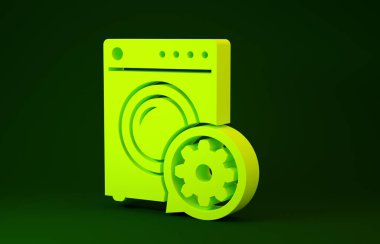 Sarı çamaşır makinesi ve vites simgesi yeşil arka planda izole edildi. Uygulama, servis konsepti, ayar seçenekleri, bakım, onarım, onarım. Minimalizm kavramı. 3d illüstrasyon 3d canlandırma
