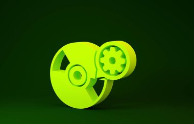 Sarı CD veya Dvd disk ve dişli simgesi yeşil arkaplanda izole edildi. Uygulama, servis konsepti, ayar seçenekleri, bakım, onarım, onarım. Minimalizm kavramı. 3d illüstrasyon 3d canlandırma