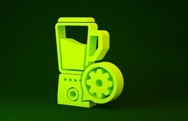 Yeşil zemin üzerinde kase ve vites simgesi olan sarı blender. Uygulama, servis konsepti, ayar seçenekleri, bakım, onarım, onarım. Minimalizm kavramı. 3d illüstrasyon 3d canlandırma