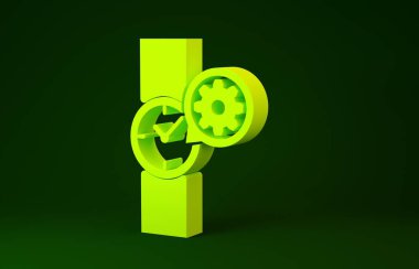Sarı bilek saati ve dişli ikonu yeşil arka planda izole edildi. Uygulama, servis konsepti, ayar seçenekleri, bakım, onarım, onarım. Minimalizm kavramı. 3d illüstrasyon 3d canlandırma