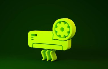 Yeşil arka planda sarı klima ve dişli ikonu izole edildi. Uygulama, servis konsepti, ayar seçenekleri, bakım, onarım, onarım. Minimalizm kavramı. 3d illüstrasyon 3d canlandırma