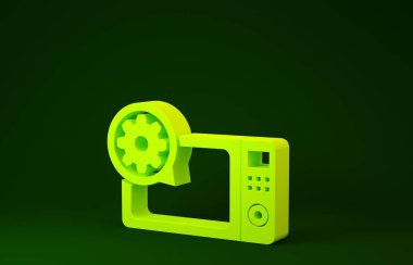 Yeşil arka planda sarı mikrodalga fırın ve dişli ikonu izole edildi. Uygulama, servis konsepti, ayar seçenekleri, bakım, onarım, onarım. Minimalizm kavramı. 3d illüstrasyon 3d canlandırma