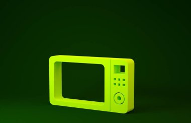 Yeşil arka planda sarı mikrodalga fırın ikonu izole edildi. Ev aletleri ikonu. Minimalizm konsepti. 3d illüstrasyon 3d canlandırma