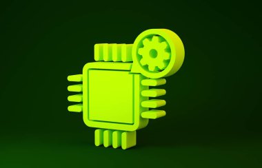 Sarı İşlemci ve dişli simgesi yeşil arkaplanda izole edildi. İşlemci, çip servis konsepti. Uygulama ayarlanıyor, seçenekler ayarlanıyor, bakım, onarım, onarım. Minimalizm kavramı. 3d illüstrasyon 3d canlandırma