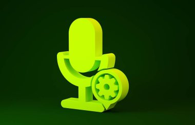Yeşil arka planda sarı mikrofon ve dişli ikonu izole edildi. Uygulama, servis konsepti, ayar seçenekleri, bakım, onarım, onarım. Minimalizm kavramı. 3d illüstrasyon 3d canlandırma