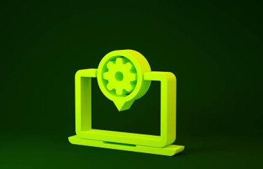 Sarı dizüstü bilgisayar ve dişli ikonu yeşil arkaplanda izole edildi. Laptop servis konsepti. Uygulama ayarlanıyor, seçenekler ayarlanıyor, bakım, onarım, onarım. Minimalizm kavramı. 3d illüstrasyon 3d canlandırma