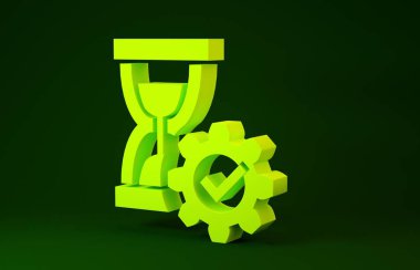 Yeşil arka planda sarı kum saati ve dişli ikonu izole edildi. Zaman Yönetimi sembolü. Saat ve vites simgesi. Üretkenlik sembolü. Minimalizm kavramı. 3d illüstrasyon 3d canlandırma