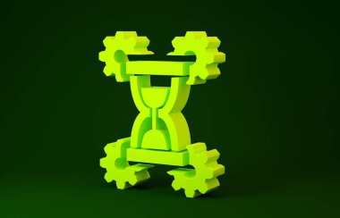 Yeşil arka planda sarı kum saati ve dişli ikonu izole edildi. Zaman Yönetimi sembolü. Saat ve vites simgesi. Üretkenlik sembolü. Minimalizm kavramı. 3d illüstrasyon 3d canlandırma