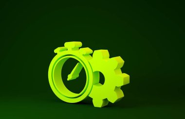 Sarı Zaman Yönetimi simgesi yeşil arkaplanda izole edildi. Saat ve vites tabelası. Üretkenlik sembolü. Minimalizm kavramı. 3d illüstrasyon 3B canlandırma