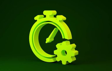 Sarı Zaman Yönetimi simgesi yeşil arkaplanda izole edildi. Saat ve vites tabelası. Üretkenlik sembolü. Minimalizm kavramı. 3d illüstrasyon 3B canlandırma