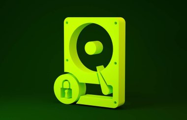 Sarı disk sürücüsü ve kilit simgesi yeşil arkaplanda izole edildi. Yüksek çözünürlük ve asma kilit. Güvenlik, güvenlik, koruma kavramı. Minimalizm kavramı. 3d illüstrasyon 3d canlandırma