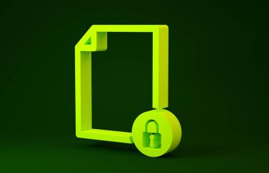 Sarı Belge ve kilit simgesi yeşil arkaplanda izole edildi. Dosya biçimi ve asma kilit. Güvenlik, güvenlik, koruma kavramı. Minimalizm kavramı. 3d illüstrasyon 3B canlandırma