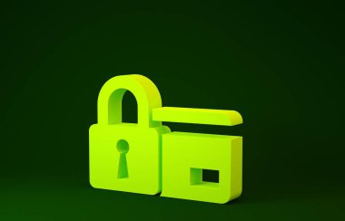 Yeşil arka planda kilit simgesi olan sarı kredi kartı. Kilitli banka kartı. Güvenlik, güvenlik, koruma kavramı. Güvenli ödeme kavramı. Minimalizm kavramı. 3d illüstrasyon 3d canlandırma