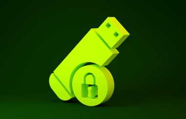 Yeşil arkaplanda kapalı asma kilit simgesine sahip sarı Usb flash diski izole edildi. Güvenlik, güvenlik, koruma kavramı. Minimalizm kavramı. 3d illüstrasyon 3d canlandırma