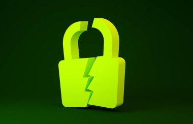 Sarı Kırık ya da çatlak kilit simgesi yeşil arkaplanda izole edildi. Kilidi aç işareti. Minimalizm kavramı. 3d illüstrasyon 3d canlandırma