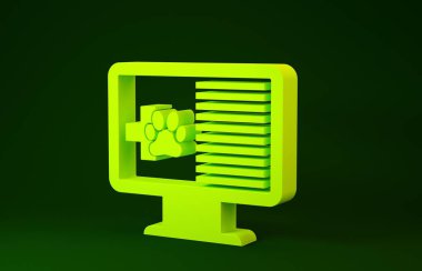 Sarı Tıbbi Kayıt evcil hayvanı yeşil arka planda izole edilmiş monitör ikonunda. Sağlık sigortası formu. Reçete, tıbbi kontrol işaretleri raporu. Minimalizm kavramı. 3d illüstrasyon 3d canlandırma