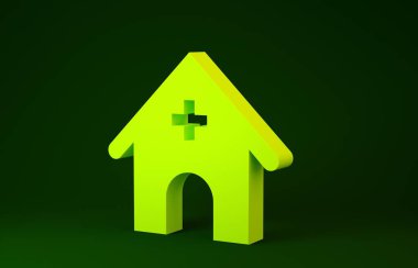 Sarı Veterinerlik Hastanesi, klinik ya da hayvan ikonu için evcil hayvan dükkanı yeşil arka planda izole edilmiş. Veteriner ya da veteriner kliniği. Minimalizm kavramı. 3d illüstrasyon 3d canlandırma