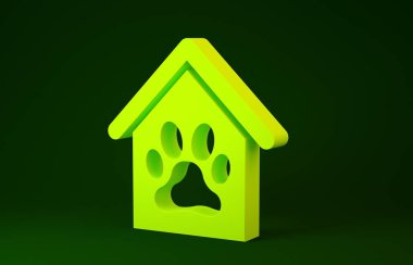 Yeşil arka planda sarı köpek evi ve pati izi ikonu var. Köpek kulübesi. Minimalizm kavramı. 3d illüstrasyon 3d canlandırma
