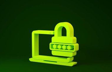 Yeşil arkaplanda sarı dizüstü bilgisayar ve kilit simgesi var. Güvenlik, kişisel erişim, kullanıcı yetkisi, giriş formu. Minimalizm kavramı. 3d illüstrasyon 3d canlandırma