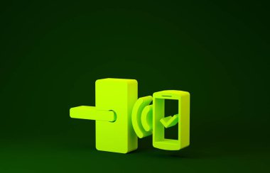 Yeşil arkaplanda izole edilmiş ikonu açmak için kablosuz teknolojiye sahip sarı dijital kapı kilidi. Kapı kolu tabelası. Güvenlik akıllı ev. Minimalizm kavramı. 3d illüstrasyon 3d canlandırma