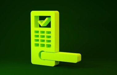 Yeşil arkaplanda izole edilmiş ikonu açmak için kablosuz teknolojiye sahip sarı dijital kapı kilidi. Kapı kolu tabelası. Güvenlik akıllı ev. Minimalizm kavramı. 3d illüstrasyon 3d canlandırma