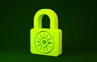 Yellow Safe combination lock wheel icon isolated on green background. Combination padlock. Security, safety, protection, password, privacy. Minimalism concept. 3d illustration 3D render
