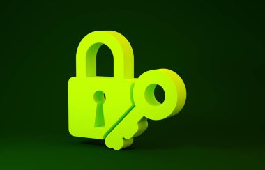 Yellow Lock and key icon isolated on green background. Padlock sign. Security, safety, protection, privacy concept. Minimalism concept. 3d illustration 3D render